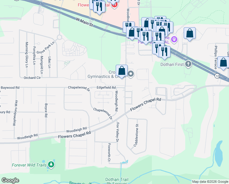map of restaurants, bars, coffee shops, grocery stores, and more near 101 Woodleigh Road in Dothan