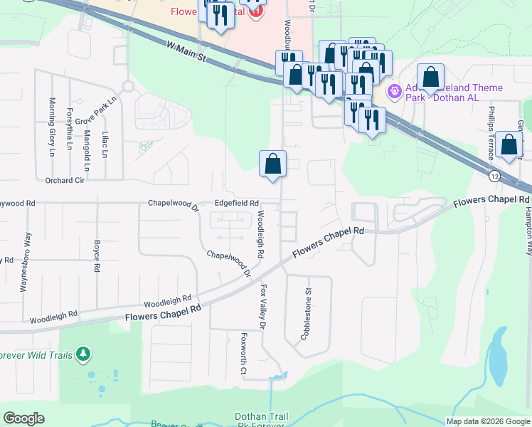 map of restaurants, bars, coffee shops, grocery stores, and more near 101 Woodleigh Road in Dothan