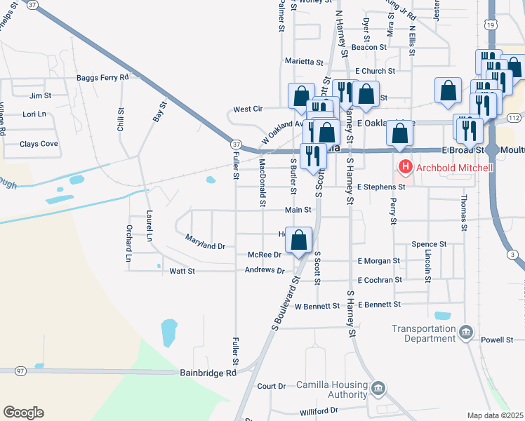map of restaurants, bars, coffee shops, grocery stores, and more near Macdonald Street in Camilla