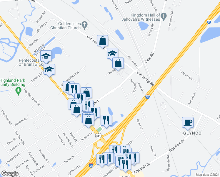 map of restaurants, bars, coffee shops, grocery stores, and more near 1551 Sandspur Road in Brunswick