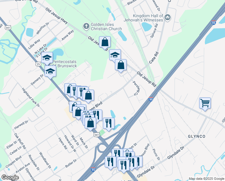 map of restaurants, bars, coffee shops, grocery stores, and more near 1551 Sandspur Road in Brunswick