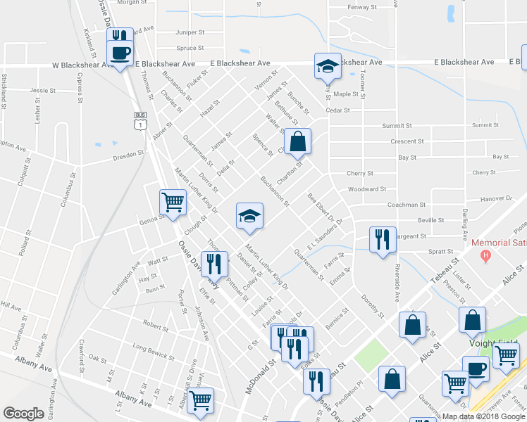 map of restaurants, bars, coffee shops, grocery stores, and more near 1301 Bailey Street in Waycross