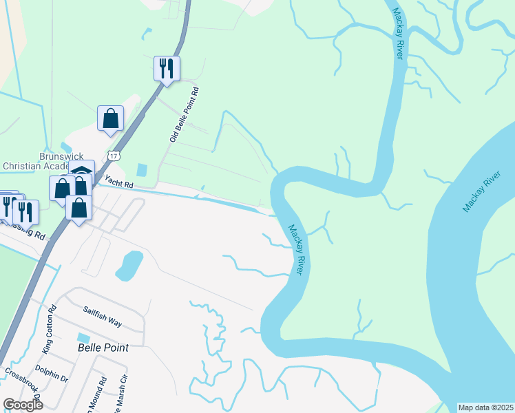 map of restaurants, bars, coffee shops, grocery stores, and more near 305 Yacht Road in Brunswick