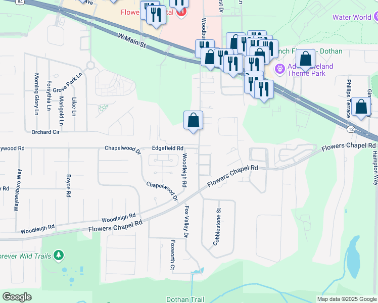 map of restaurants, bars, coffee shops, grocery stores, and more near 101 Woodleigh Road in Dothan