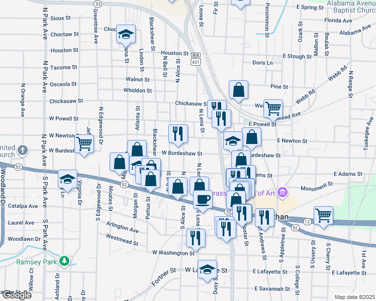 map of restaurants, bars, coffee shops, grocery stores, and more near 408 N Alice St in Dothan