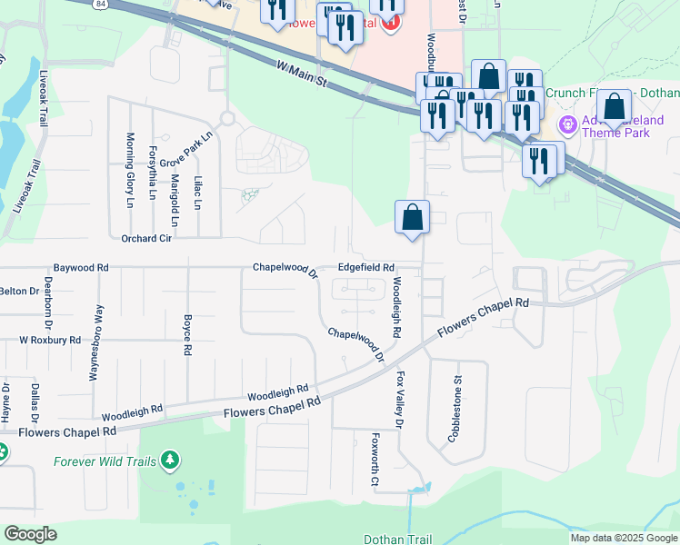map of restaurants, bars, coffee shops, grocery stores, and more near 104 Edgefield Road in Dothan