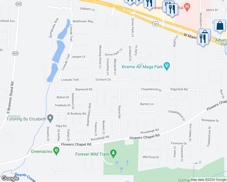 map of restaurants, bars, coffee shops, grocery stores, and more near 605 Baywood Road in Dothan