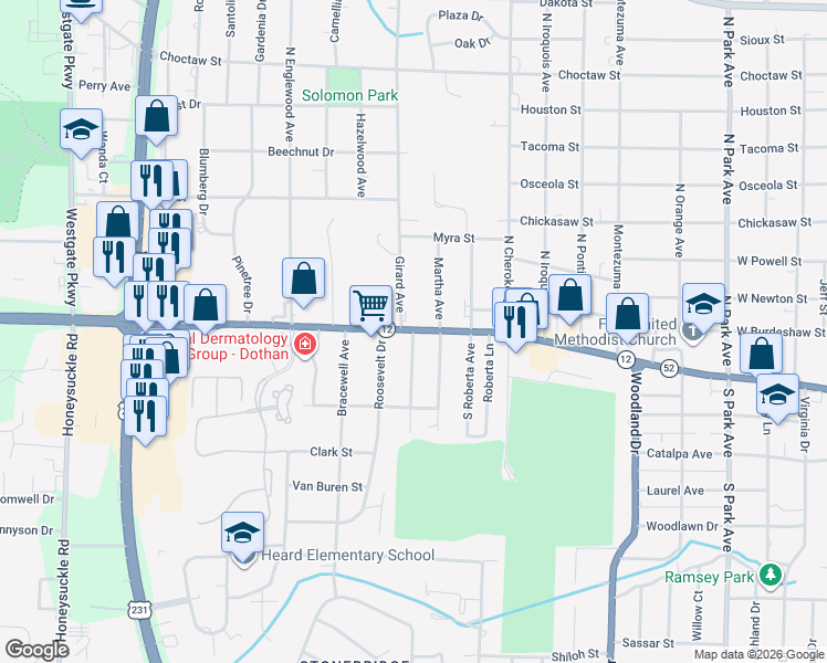map of restaurants, bars, coffee shops, grocery stores, and more near 101 Westchester Drive in Dothan