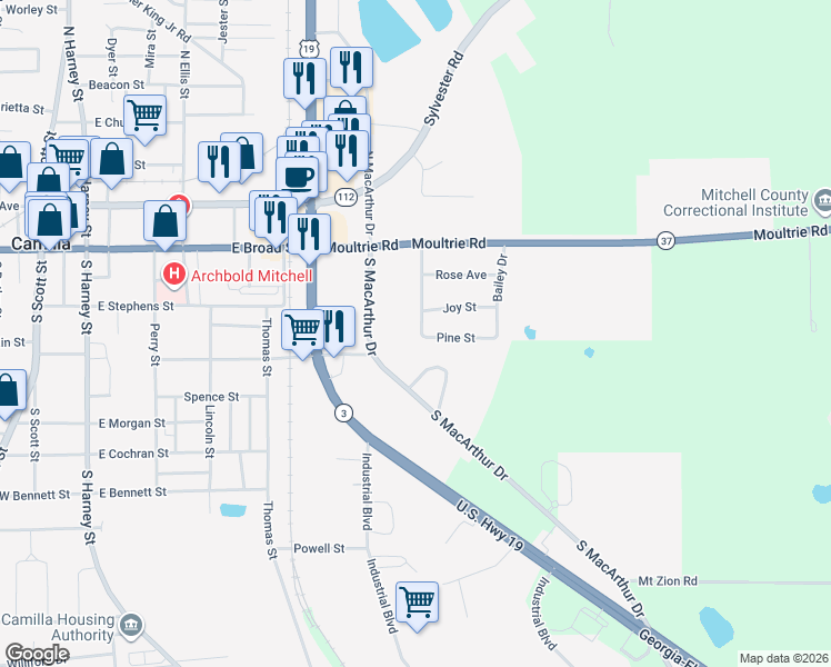 map of restaurants, bars, coffee shops, grocery stores, and more near 97 Morningside Drive in Camilla