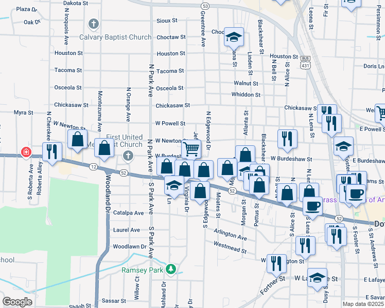 map of restaurants, bars, coffee shops, grocery stores, and more near 201 Jeff Street in Dothan