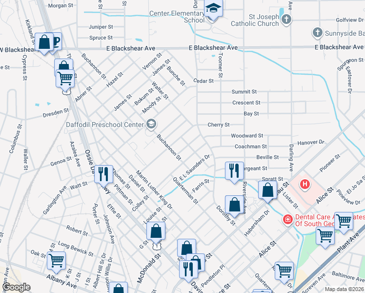 map of restaurants, bars, coffee shops, grocery stores, and more near 1413 Rockefeller Street in Waycross