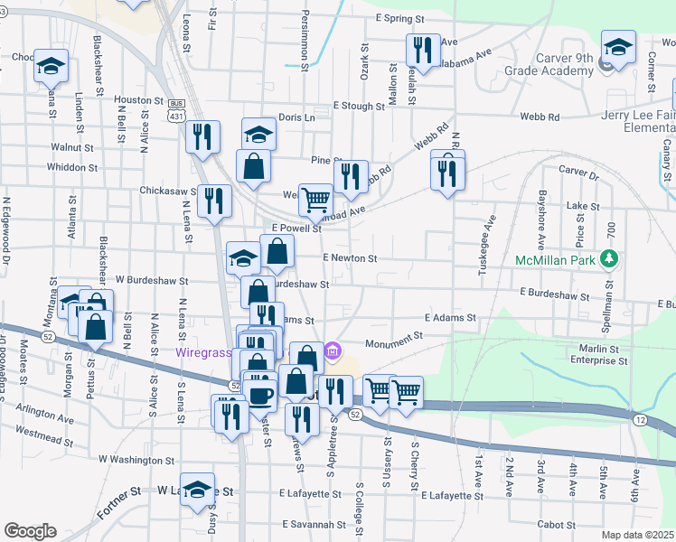 map of restaurants, bars, coffee shops, grocery stores, and more near 400-498 North College Street in Dothan