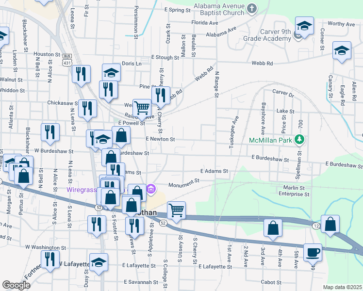 map of restaurants, bars, coffee shops, grocery stores, and more near 547 Britt Lane in Dothan