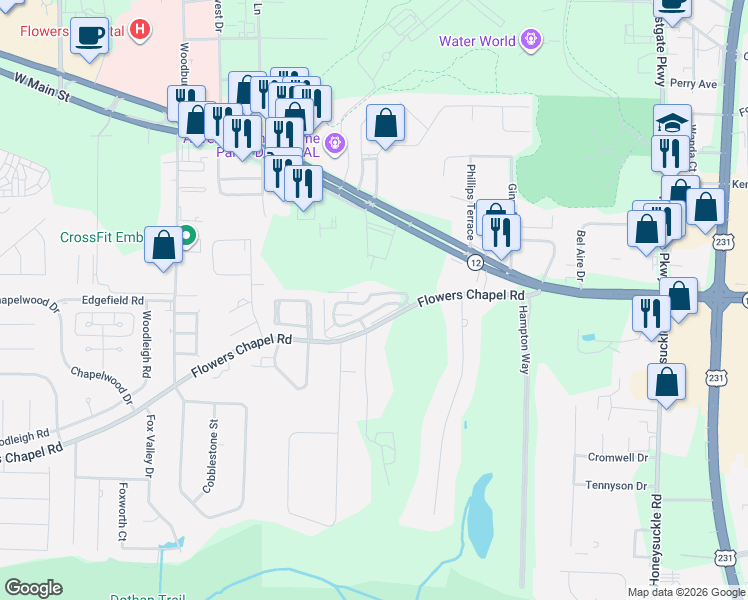 map of restaurants, bars, coffee shops, grocery stores, and more near 102 Royal Orleans Court in Dothan