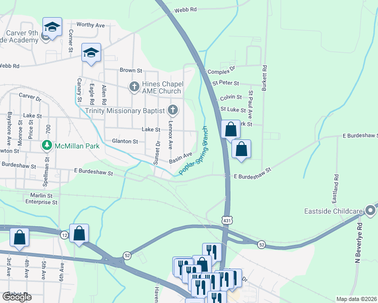 map of restaurants, bars, coffee shops, grocery stores, and more near 2703 Basin Avenue in Dothan