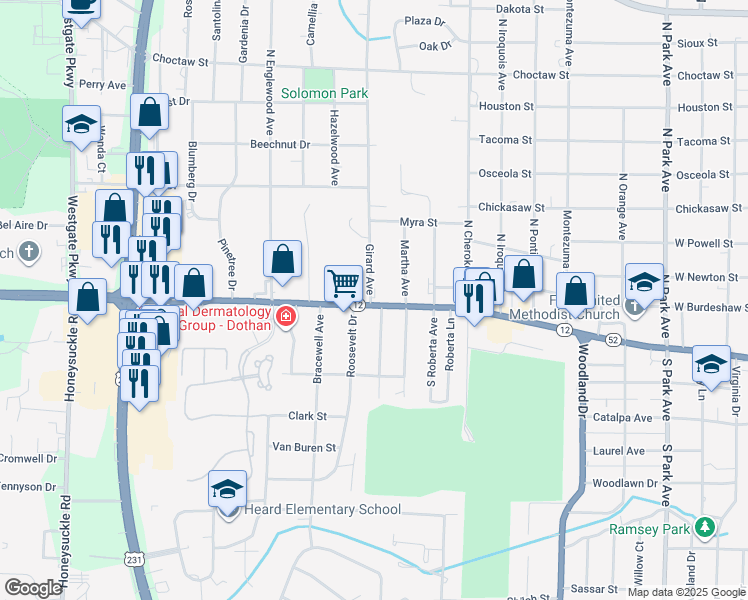 map of restaurants, bars, coffee shops, grocery stores, and more near 58 Girard Avenue in Dothan