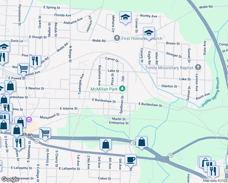 map of restaurants, bars, coffee shops, grocery stores, and more near 1501 East Newton Street in Dothan
