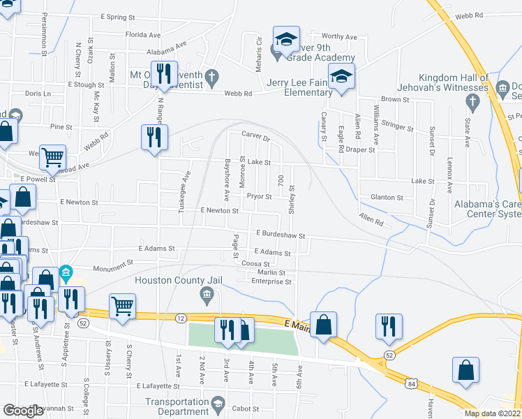 map of restaurants, bars, coffee shops, grocery stores, and more near 1501 East Newton Street in Dothan