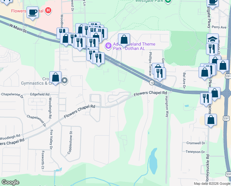 map of restaurants, bars, coffee shops, grocery stores, and more near 102 Royal Orleans Court in Dothan