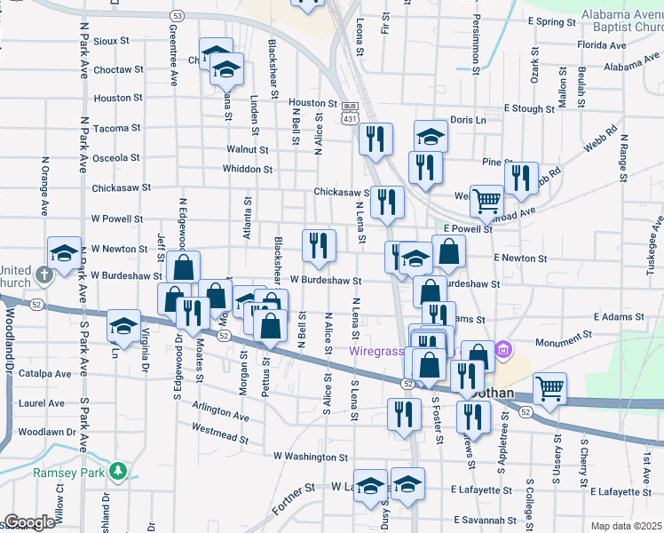 map of restaurants, bars, coffee shops, grocery stores, and more near 408 North Alice Street in Dothan