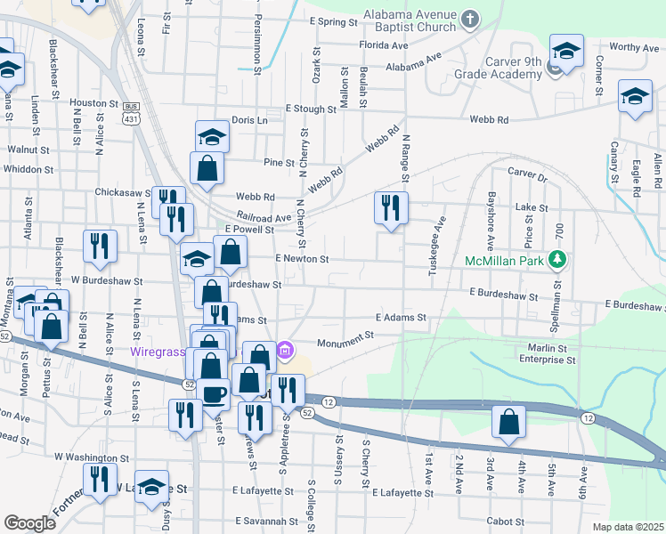 map of restaurants, bars, coffee shops, grocery stores, and more near 547 Britt Lane in Dothan