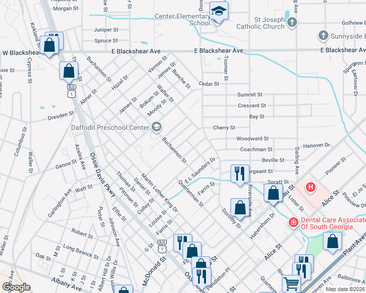 map of restaurants, bars, coffee shops, grocery stores, and more near 1413 Rockefeller Street in Waycross