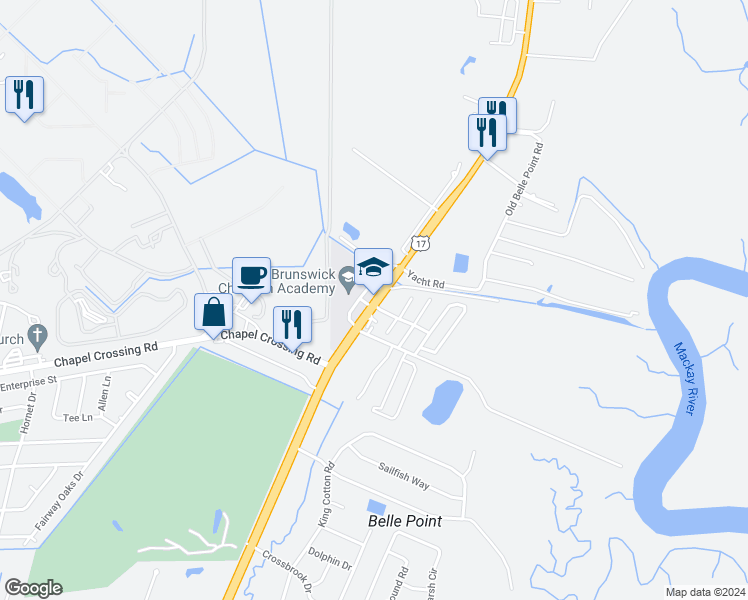map of restaurants, bars, coffee shops, grocery stores, and more near 4232 U.S. 17 in Brunswick