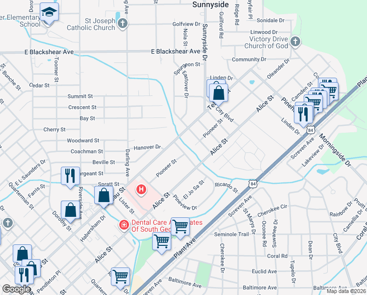 map of restaurants, bars, coffee shops, grocery stores, and more near 406 Pineview Drive in Waycross