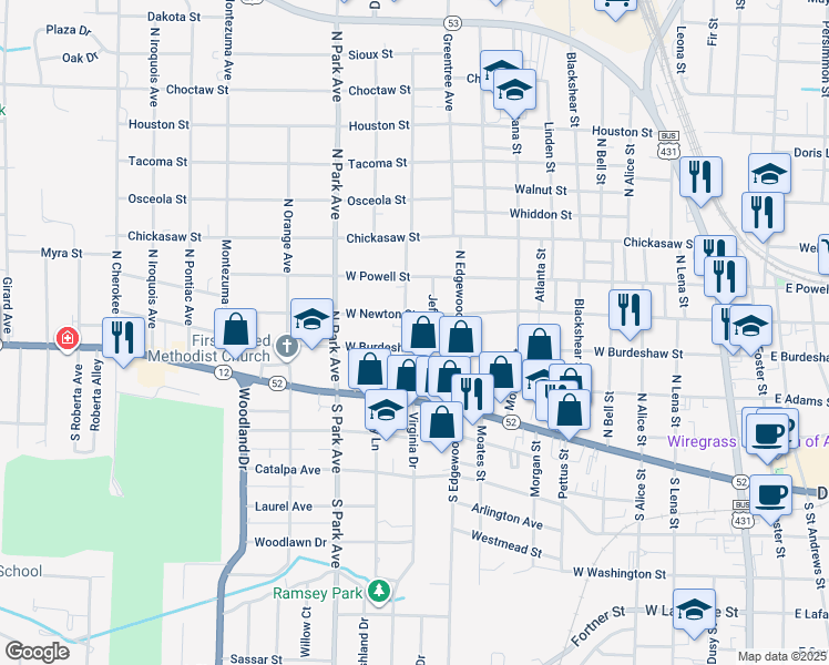 map of restaurants, bars, coffee shops, grocery stores, and more near 201-203 Jeff Street in Dothan