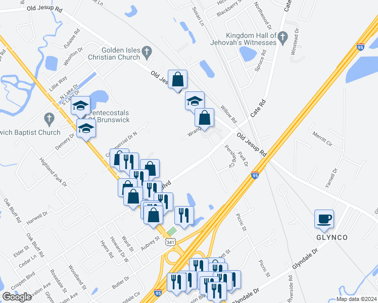 map of restaurants, bars, coffee shops, grocery stores, and more near 1551 Sandspur Road in Brunswick