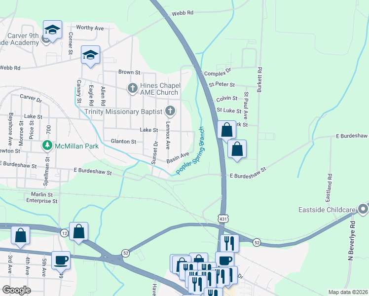 map of restaurants, bars, coffee shops, grocery stores, and more near 2703 Basin Avenue in Dothan