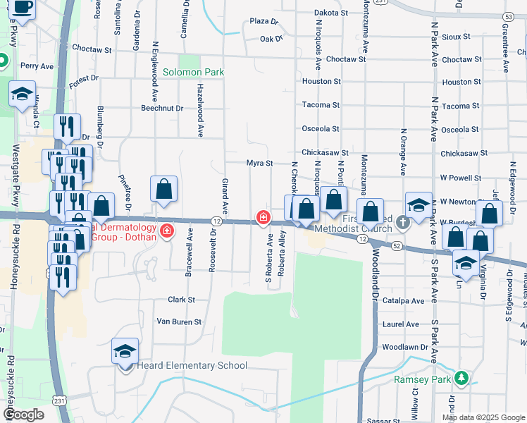 map of restaurants, bars, coffee shops, grocery stores, and more near 103 North Roberta Avenue in Dothan
