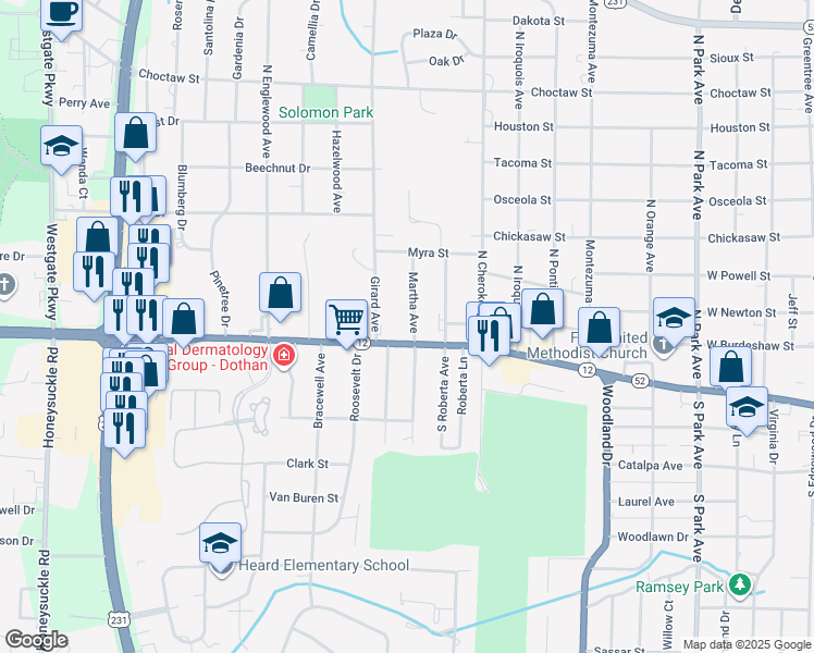 map of restaurants, bars, coffee shops, grocery stores, and more near 2114 West Main Street in Dothan