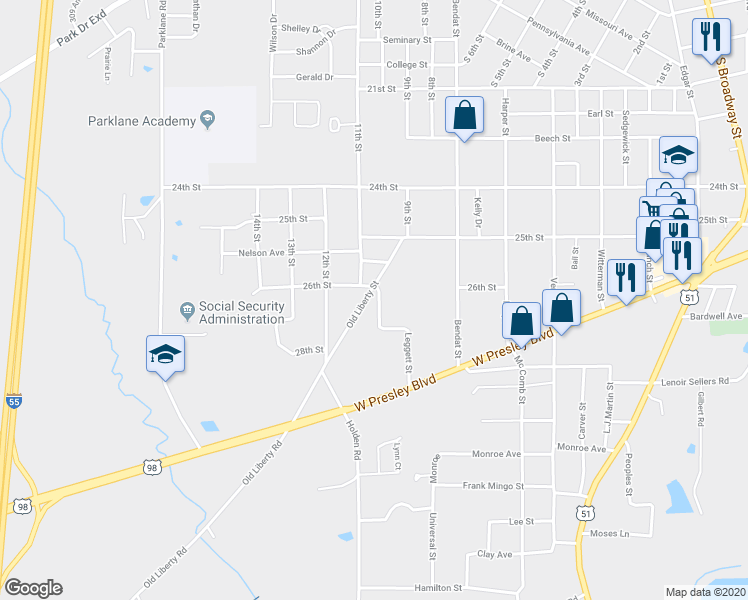 map of restaurants, bars, coffee shops, grocery stores, and more near 902 Leggett Street in McComb