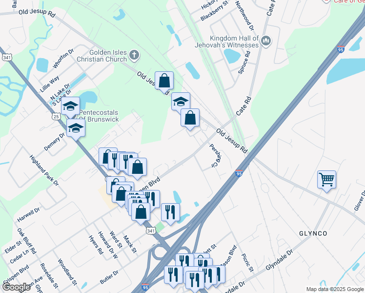 map of restaurants, bars, coffee shops, grocery stores, and more near 104 Eagles Point Drive in Brunswick