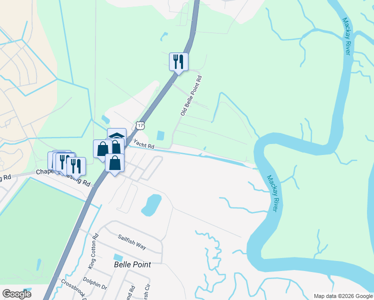 map of restaurants, bars, coffee shops, grocery stores, and more near 240 Yacht Road in Brunswick