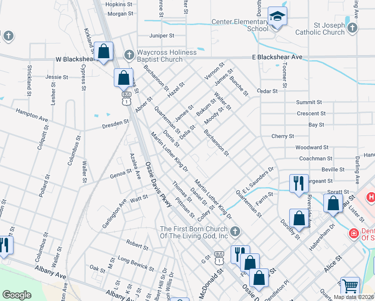 map of restaurants, bars, coffee shops, grocery stores, and more near 1217 Clough Street in Waycross