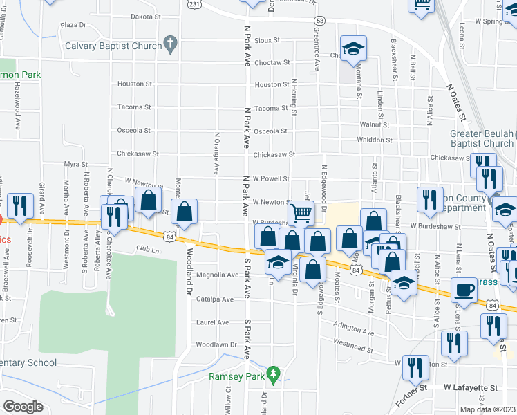 map of restaurants, bars, coffee shops, grocery stores, and more near 1111 West Newton Street in Dothan