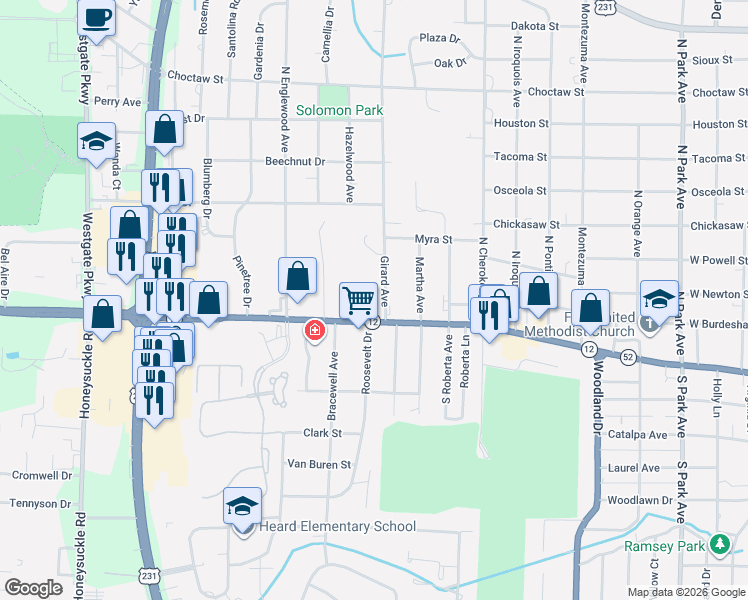 map of restaurants, bars, coffee shops, grocery stores, and more near 58 Girard Avenue in Dothan