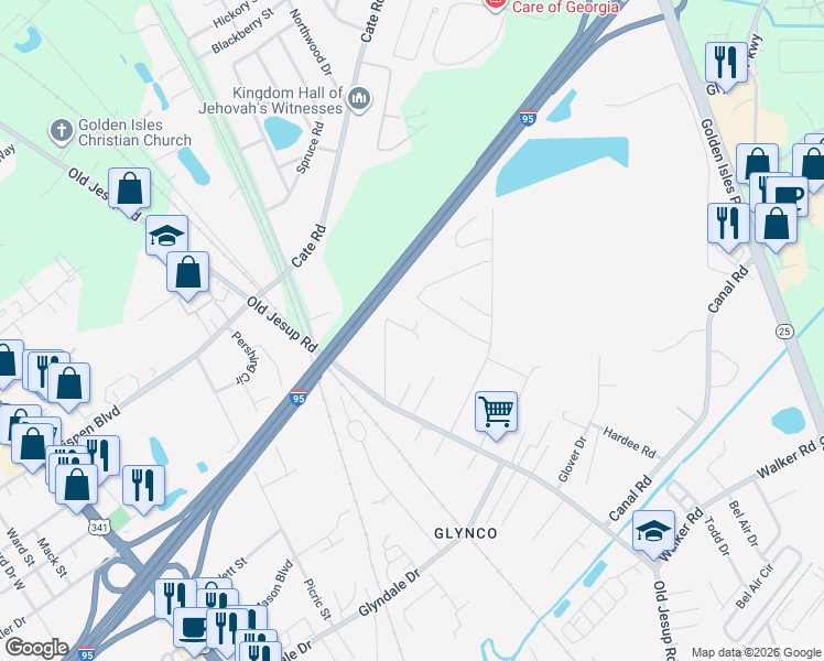 map of restaurants, bars, coffee shops, grocery stores, and more near 150 Orbin Road P East in Brunswick