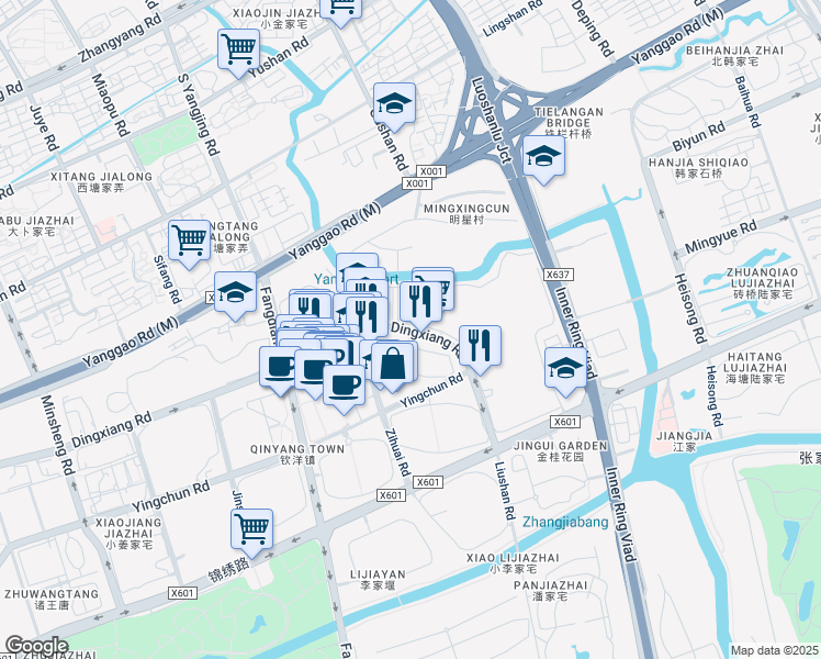 map of restaurants, bars, coffee shops, grocery stores, and more near Dingxiang Road in Shanghai