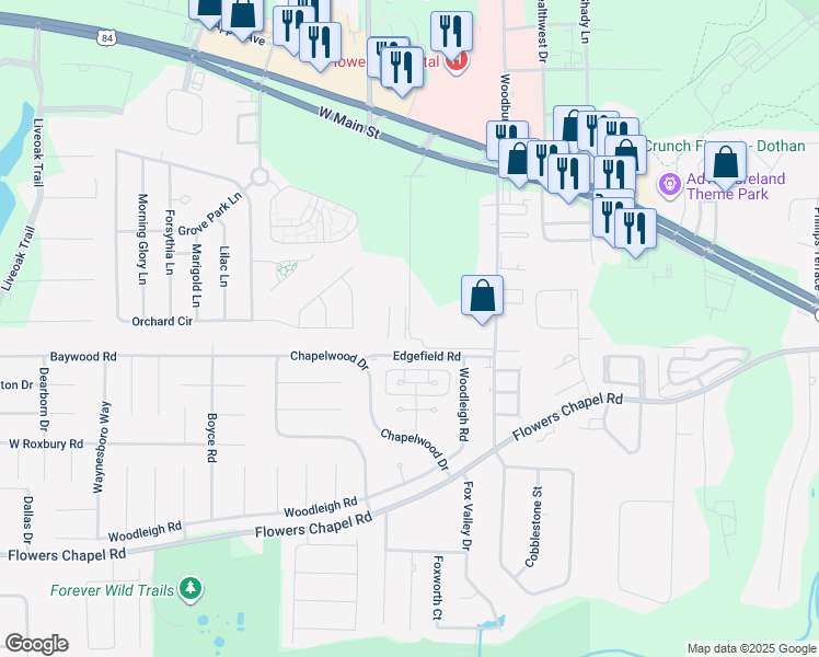 map of restaurants, bars, coffee shops, grocery stores, and more near 441 Nypro Lane in Dothan