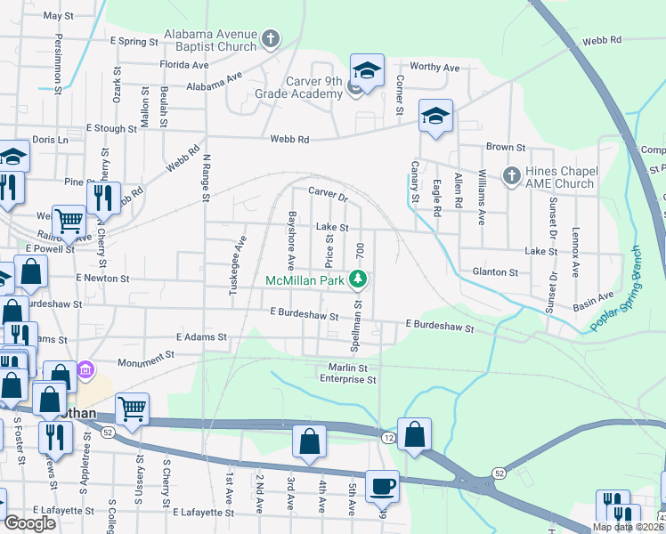 map of restaurants, bars, coffee shops, grocery stores, and more near 700 Price Street in Dothan