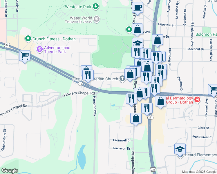 map of restaurants, bars, coffee shops, grocery stores, and more near 107 Bel Aire Drive in Dothan