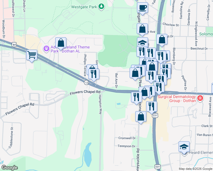 map of restaurants, bars, coffee shops, grocery stores, and more near 102 Castle Drive in Dothan