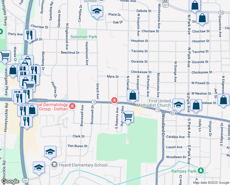 map of restaurants, bars, coffee shops, grocery stores, and more near 103-199 North Roberta Avenue in Dothan