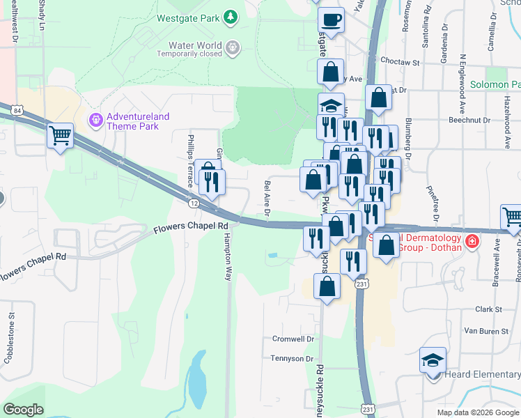 map of restaurants, bars, coffee shops, grocery stores, and more near 3124 West Main Street in Dothan