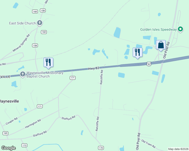 map of restaurants, bars, coffee shops, grocery stores, and more near 26224 U.S. 82 in Brantley County