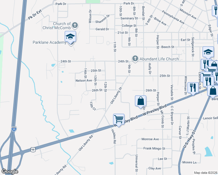 map of restaurants, bars, coffee shops, grocery stores, and more near 812 11th Street in McComb