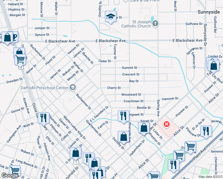 map of restaurants, bars, coffee shops, grocery stores, and more near in Waycross